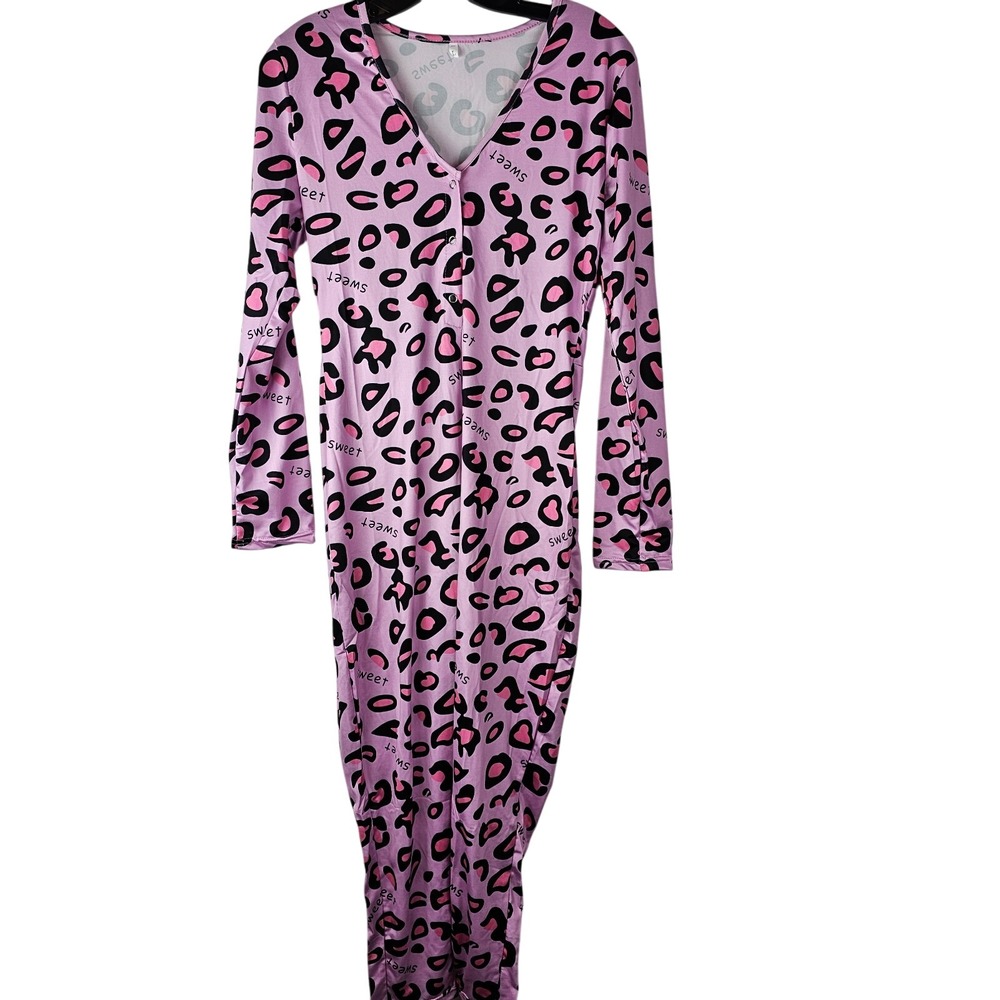 Womens 0nesie Pajamas Soft‎ One Piece Large Animal Print Form Fitting Pink LS